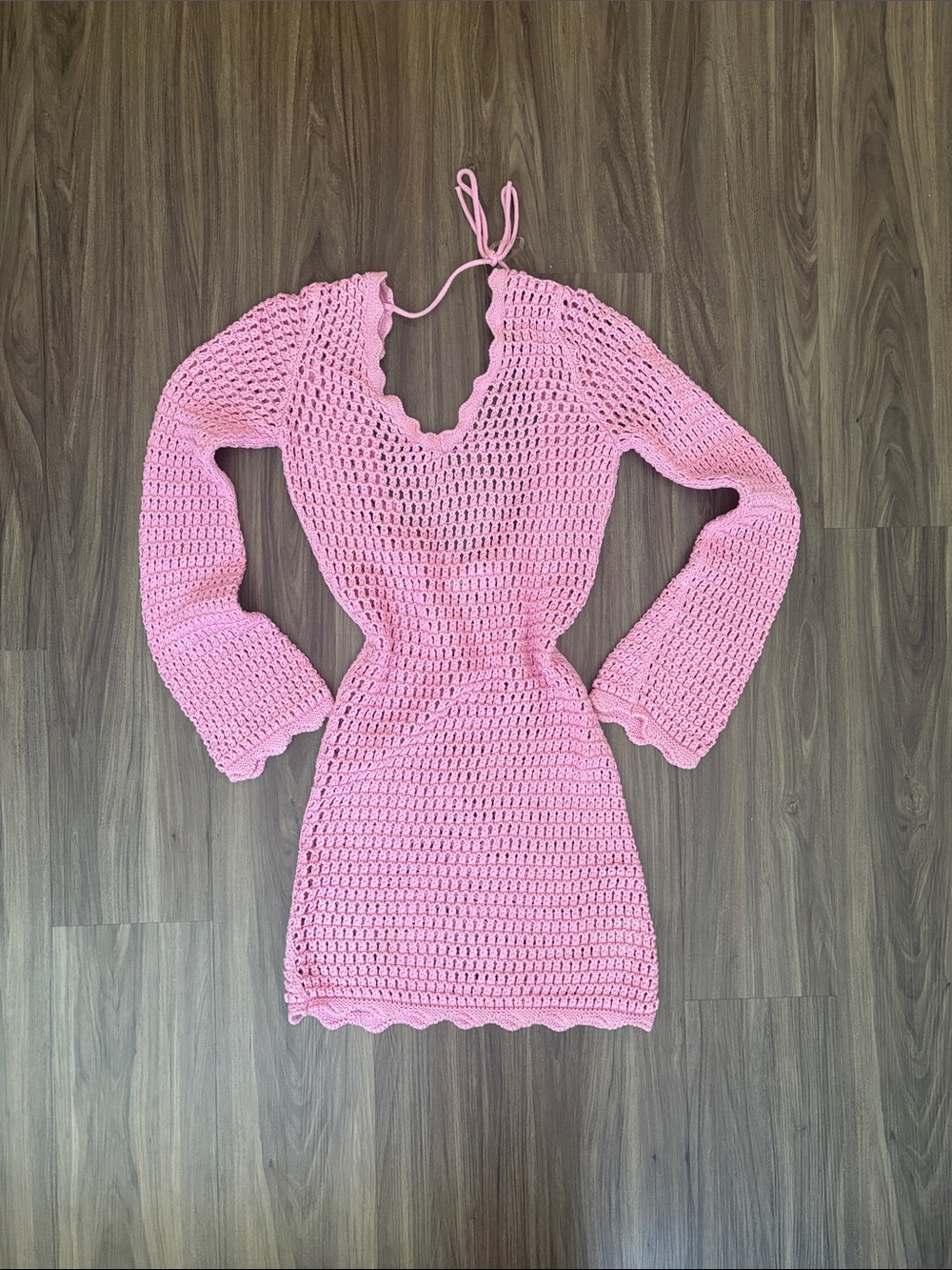 Cotton On Pink Crochet Long Sleeve Mini Pool/Beach Dress